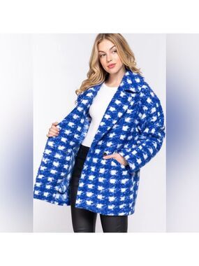 ($20) Double Breasted Check Boucle Fleece Coat